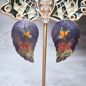 Vintage Cloisonne Earrings Butterfly And Flower Design Leaf Wing Purple Postback